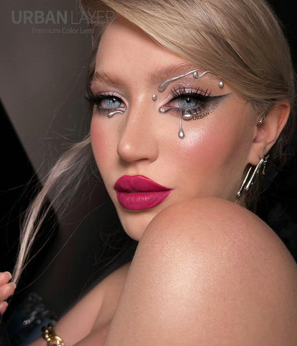 Urban Layer Las Vegas N Ash blue high-quality silicone hydrogel soft colored contacts on model.