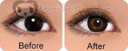 Before and after. Size and color comparison with Geo Princess Mimi Brown circle lenses.