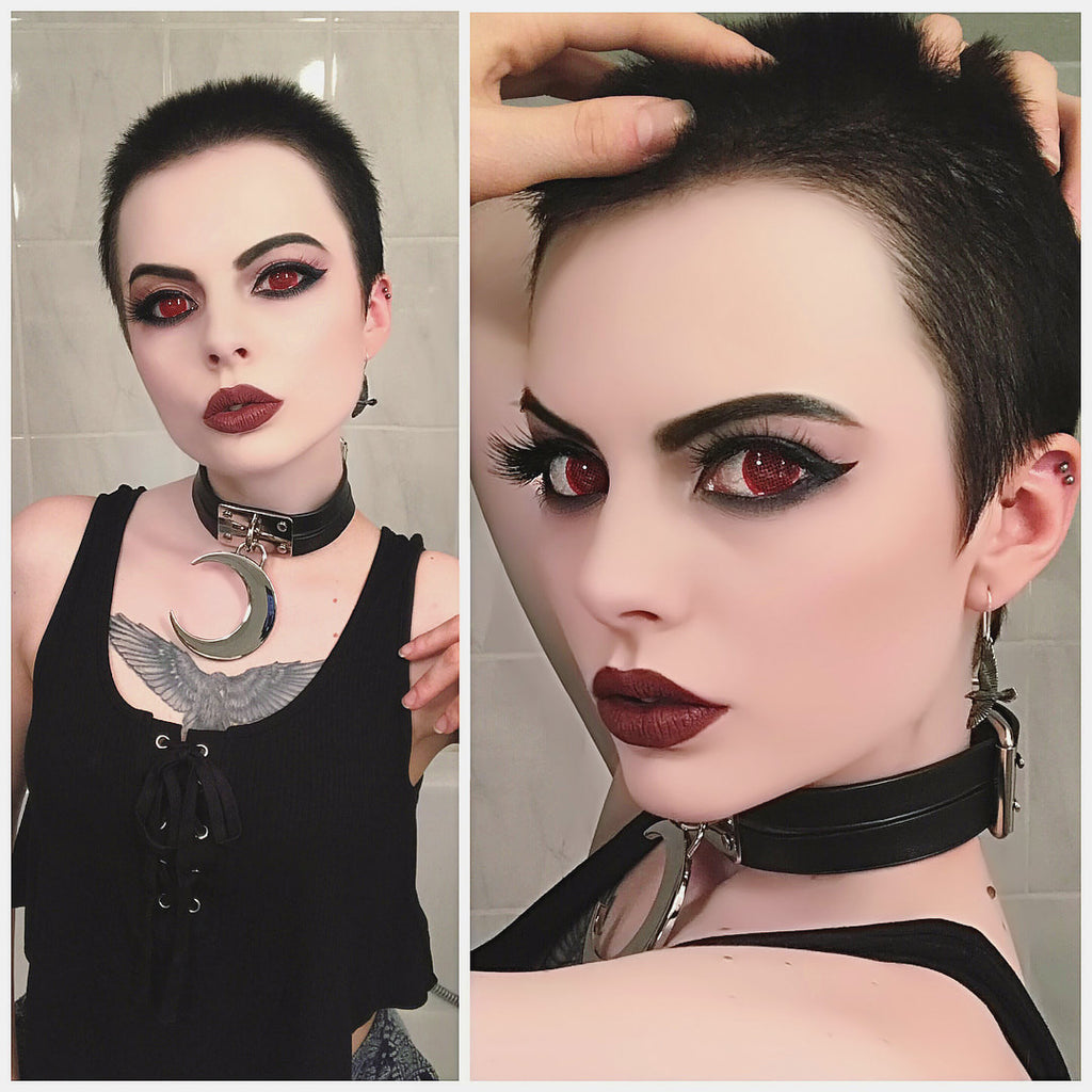 Red mesh colored contacts for cosplay
