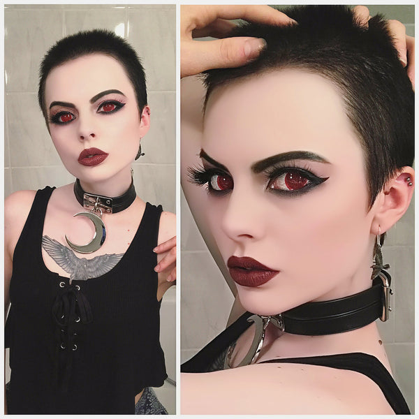 Red mesh colored contacts for cosplay