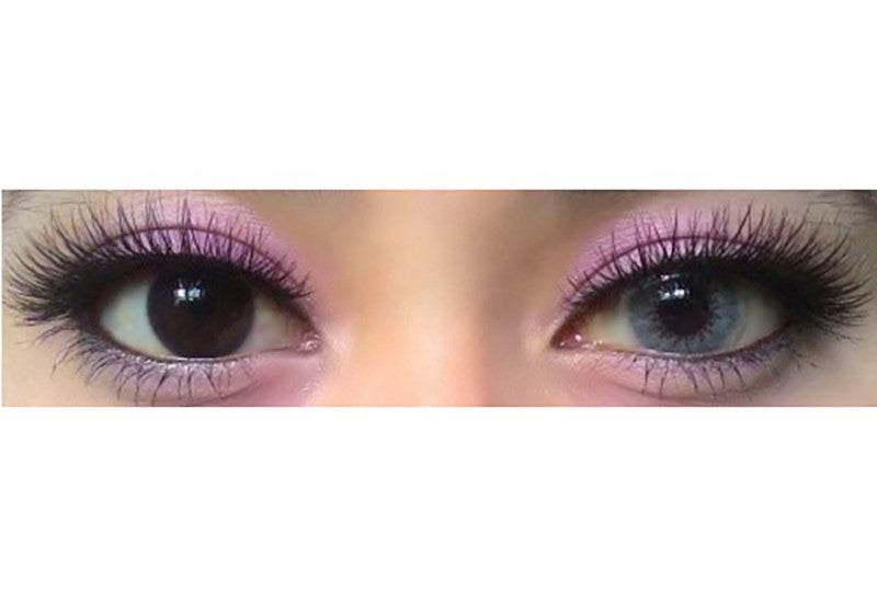 Before and after Grey Solotica colored contact lenses by Sweety brand