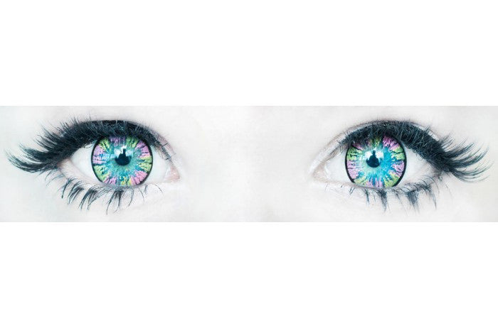 Comfortable, doll-eye Korean contact lenses in Rainbow Brown by Sweety (Close-up on blue eyes)
