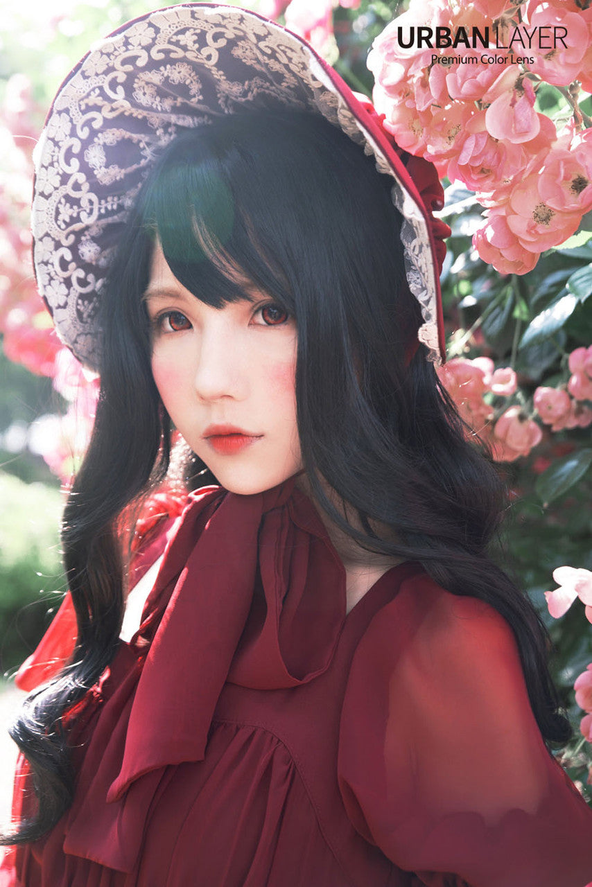 Tokyo Red Circle Lenses featuring a vibrant red hue with a thick black limbal ring for a bold, doll-like anime look. Crafted from silicone hydrogel for all-day comfort, perfect for cosplay or making a dramatic fashion statement. Available with fast shipping in the USA.
