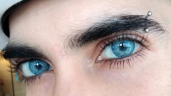 Urban Layer Blue Rain hand painted effect colored contact lens over dark brown eyes