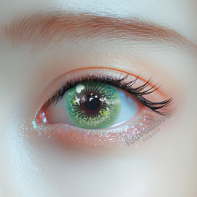 Crazy Lab by Urban Layer Candy Pop Green colored contacts, featuring cute big eye circle lenses for kawaii fairy cosplay looks. These vibrant green lenses create dolly eyes and are available with fast, free shipping in the USA.