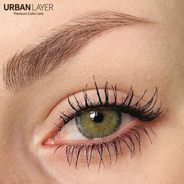High quality circle lenses and grey colored contacts shown over lighter natural eyes. This model is Cleopatra Gray by Urban Layer, fast shipping from the USA.