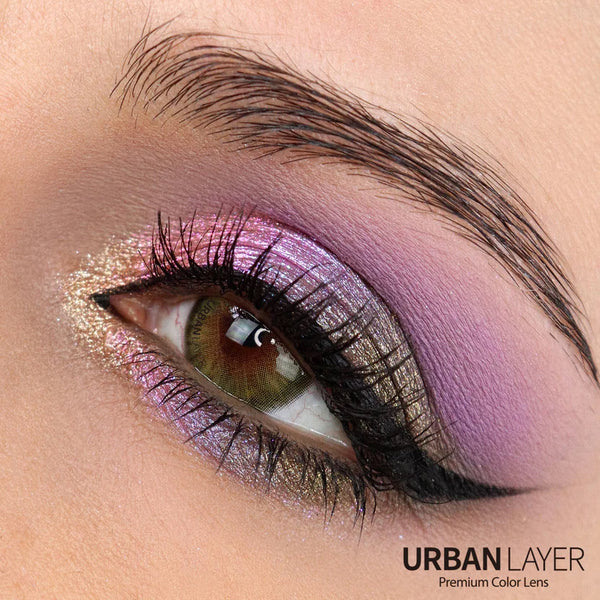 Urban Layer Cleopatra Green circle lenses. Beautifully blended realistic green colored contacts over dark brown eyes, shipping fast across the USA.