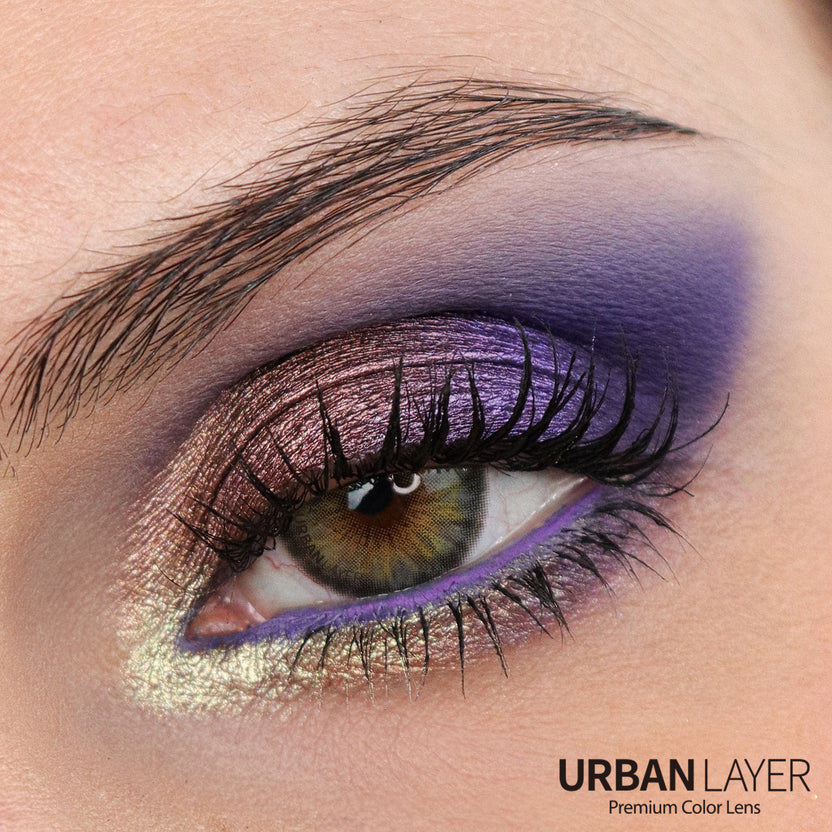 Urban Layer Cleopatra Gray circle lenses. Beautifully blended realistic grey colored contacts over dark brown eyes, shipping fast across the USA.
