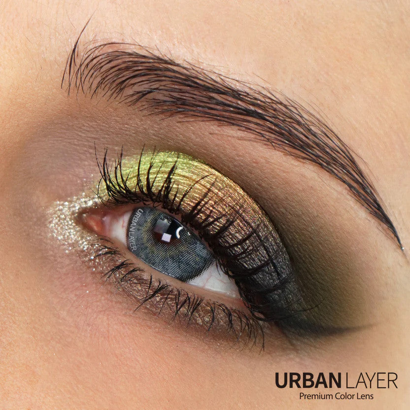 Daddario Gray circle lens colored contacts by Urban Layer on dark brown eyes. Fast shipping available for these beautiful grey lenses for the USA.