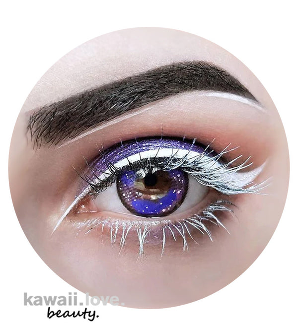 With these incredible Galaxy Violet circle lenses from Urban Layer Korea, you can gaze into the enchanted marvel of a distant galaxy. These striking and ethereal 3-toned purple colored contacts have an outer limbal ring that gives the appearance of a starry night while also giving an enlarging effect to the eyes. They are ideal for astro-princes and princess costumes as well as for daily wear. Each set of cute contact lens case and spacey Galaxy Violet circle lenses delivers fast from the USA.