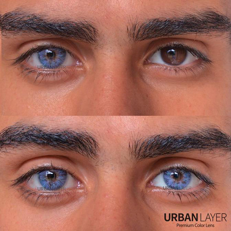 Before and after Urban Layer Monet Blue colored contact lenses over dark eyes