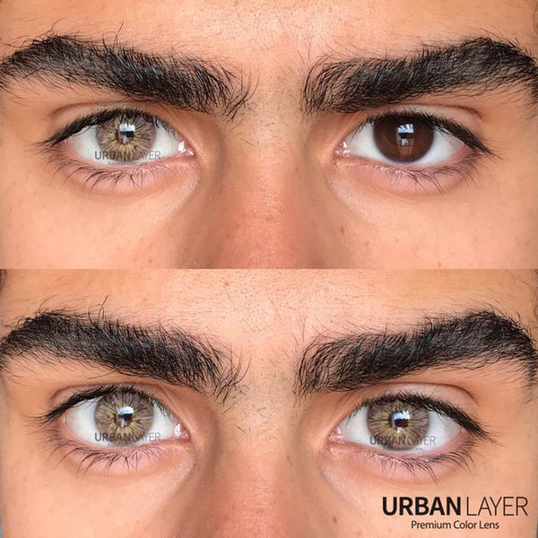 Before and after Urban Layer Monet Brown colored contact lenses over dark eyes