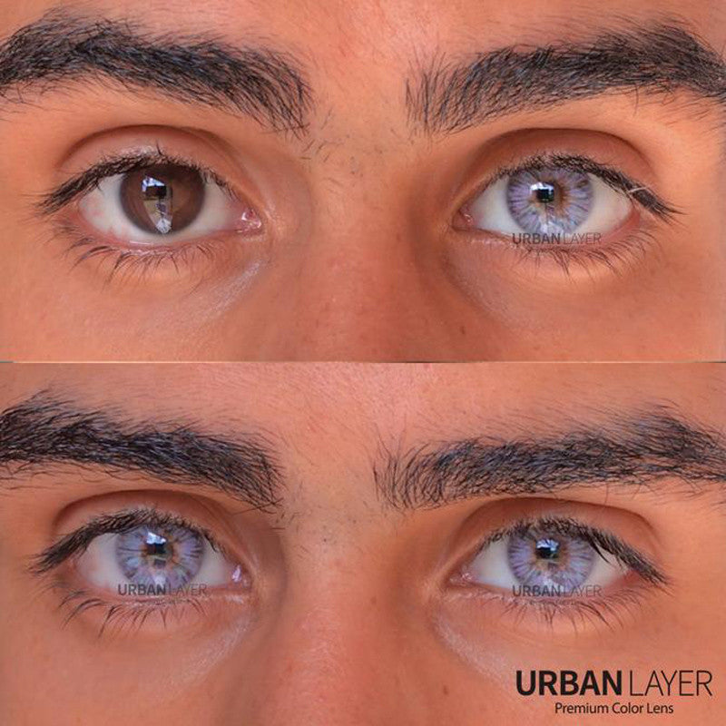Before and after Urban Layer Monet Gray colored contact lenses over dark eyes