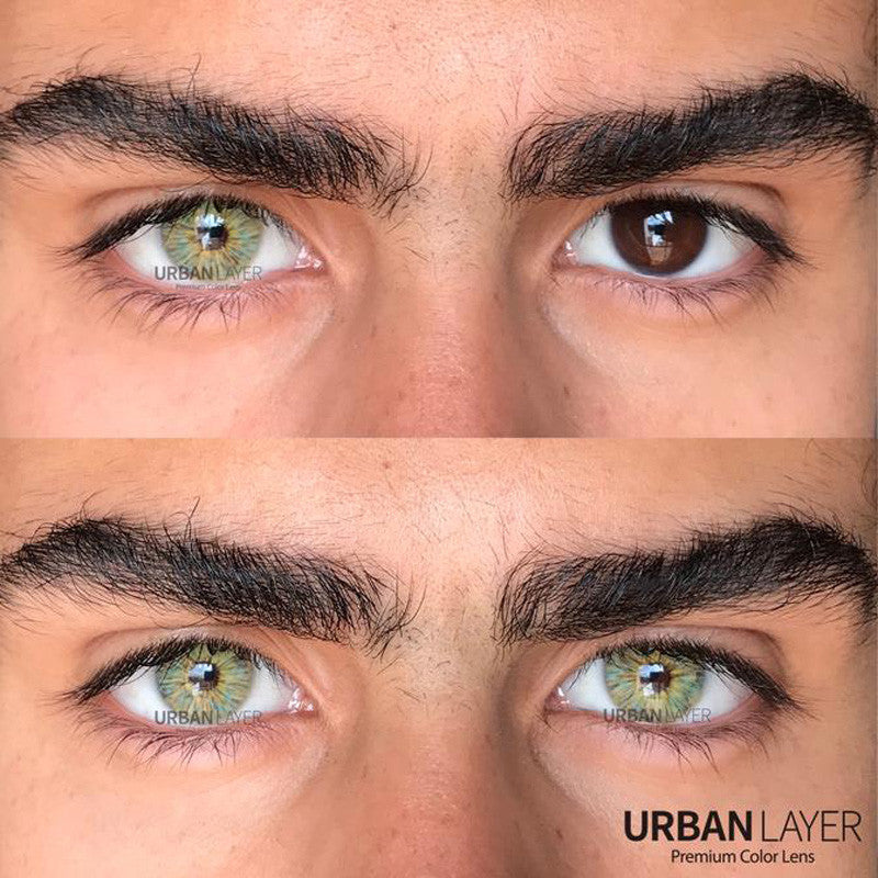 Before and after Urban Layer Monet Green colored contact lenses over dark eyes