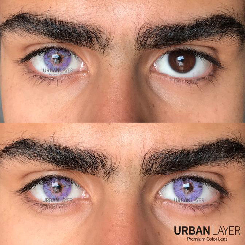 Before and after Urban Layer Monet Violet colored contact lenses over dark eyes