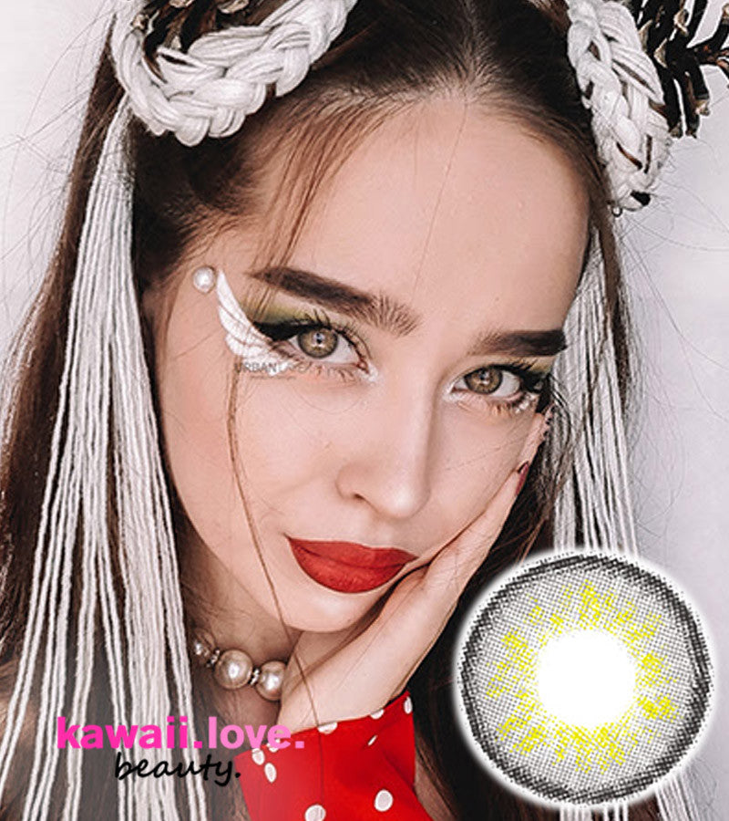 Urban Layer Nairobi R Gray circle colored lenses feature a subtle leopard print design and a dark outer limbal ring for a cute and unique dolly eye look. These authentic and high quality silicone hydrogel grey colored contacts ship fast and *free from the USA and come with a free contact lens case.