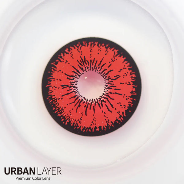 Tokyo N Red Circle Lenses featuring a vibrant red hue with a thick black limbal ring for a bold, doll-like anime look. Crafted from silicone hydrogel for all-day comfort, perfect for cosplay or making a dramatic fashion statement. Available with fast shipping in the USA.