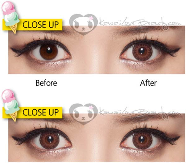 Before and after Geo Eyes Cream Vanilla Brown circle lenses.