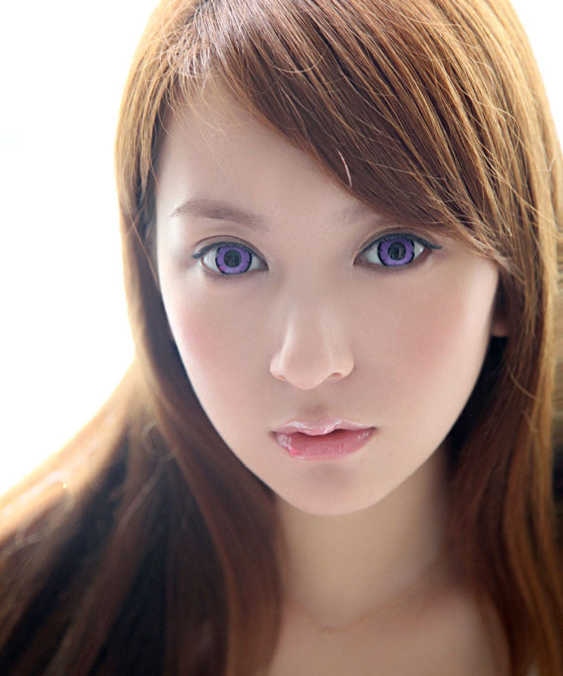 Bright and opaque violet big eye circle contact lenses, perfect for cosplay and anime costume looks.