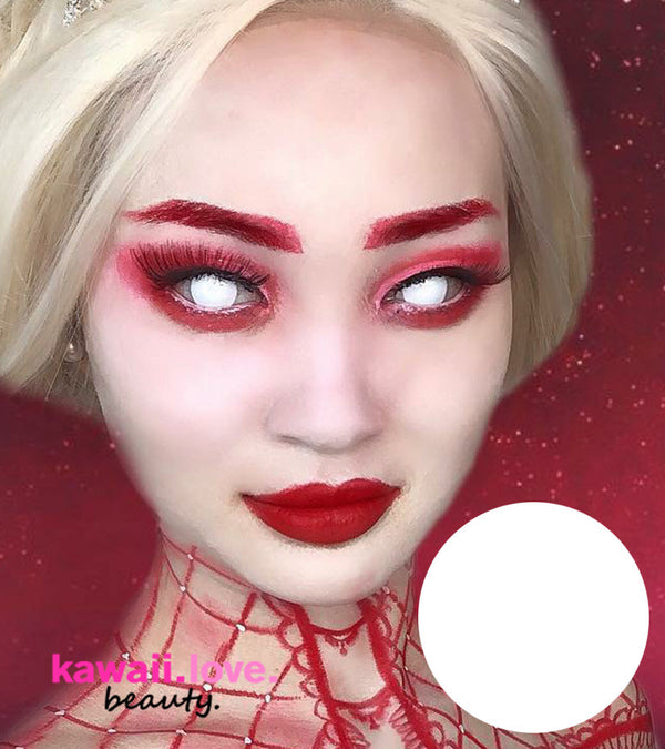 Blind White special effects cosplay circle lenses by CrazyLab Korea (USA stock, fast shipping). Shock everyone with these crazy full white colored contact lenses, perfect for spectacular SFX photography purposes and a wide range of costume looks.