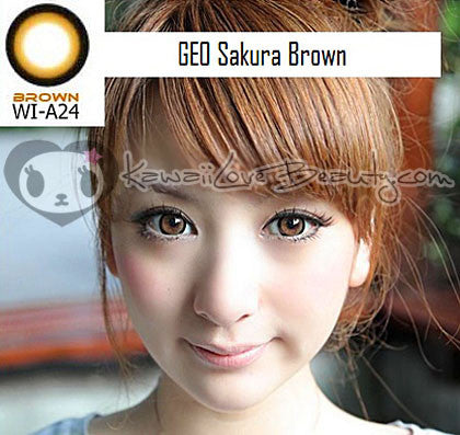 Geo Sakura Brown WIA24 circle lenses on model.